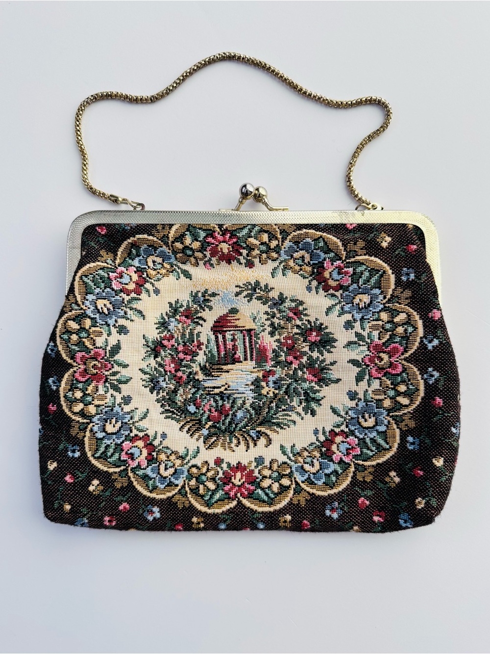 Source Unknown Vintage Brown, Blue and Cream Floral Tapestry Frame Party Clutch